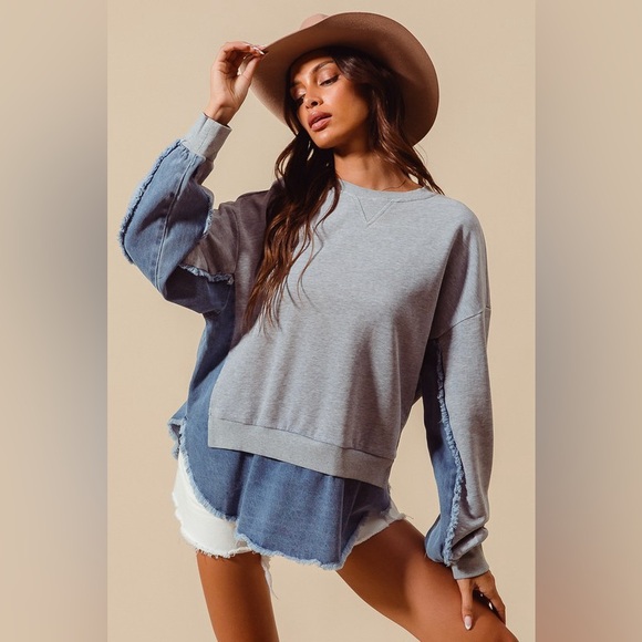 Mixed knit denim raw hem stitched washed French terry boho bohemian sweater - Picture 1 of 9